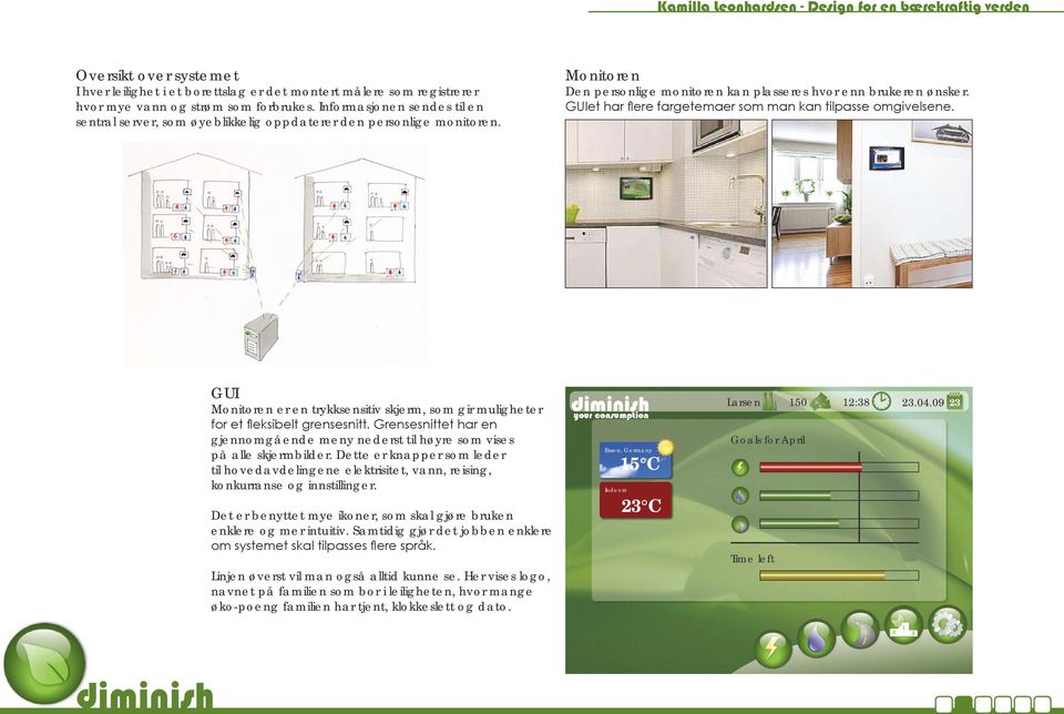 Essen, Germany Sounds on Goals for April 15 C Indoors 23 C Time left GUI Monitoren er en trykksensitiv skjerm, som gir muligheter for et fleksibelt grensesnitt Grensesnittet har en gjennomgående meny