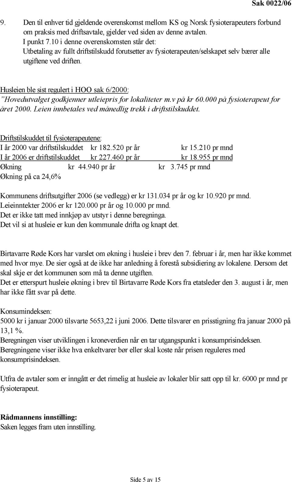 Husleien ble sist regulert i HOO sak 6/2000: Hovedutvalget godkjenner utleiepris for lokaliteter m.v på kr 60.000 på fysioterapeut for året 2000.