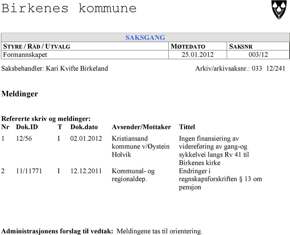 dato Avsender/Mottaker Tittel 1 12/56 I 02.01.2012 Kristiansand kommune v/øystein Holvik 2 11/11771 I 12.12.2011 Kommunal- og regionaldep.