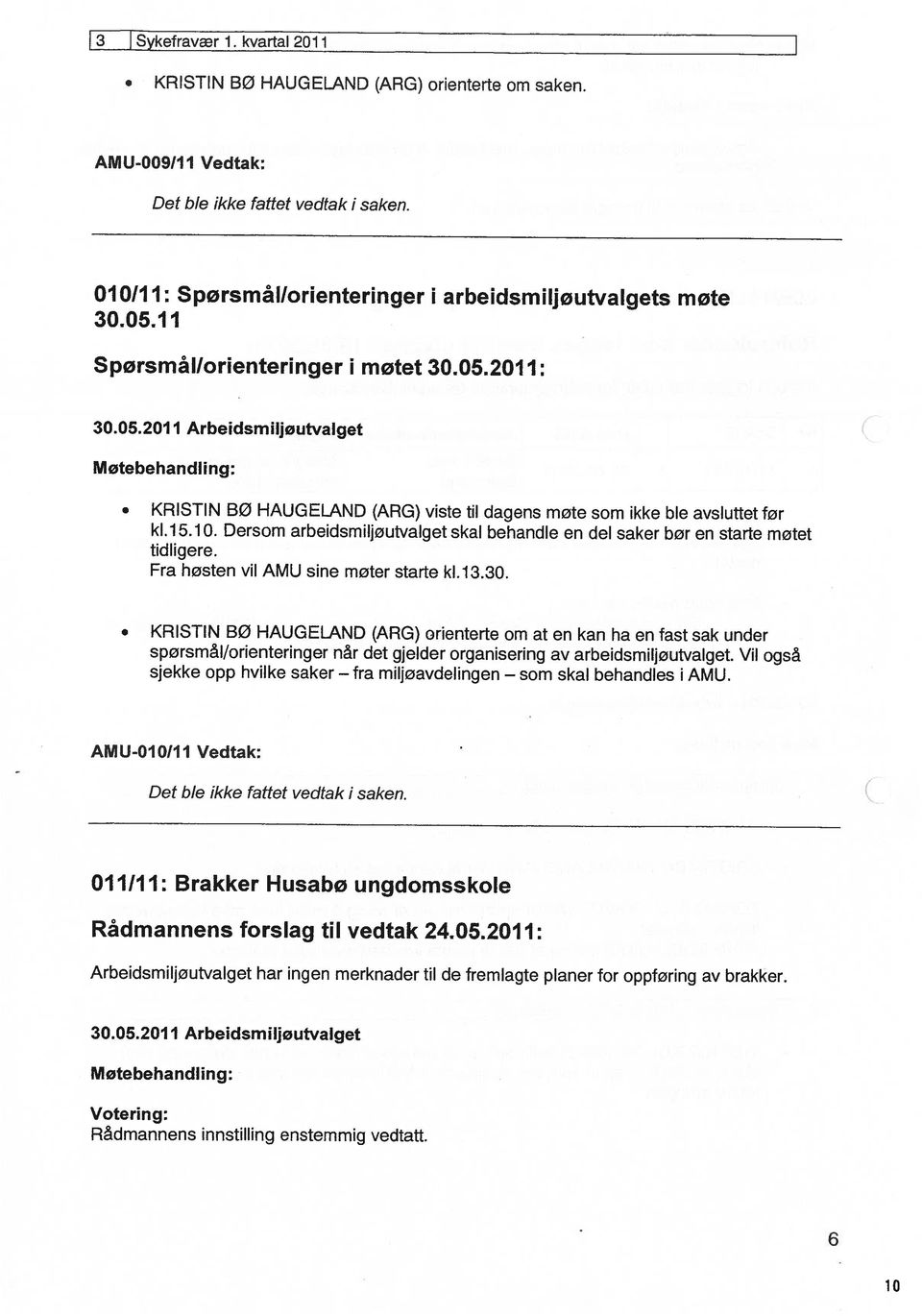 Rådmannens forslag til vedtak 24.05.2011: 011111 Brakker Husabø ungdomsskole Det ble ikke fattet vedtak i saken AMU-010I11 Vedtak sjekke opp hvilke saker fra miljøavdelingen som skal behandles i AMU.