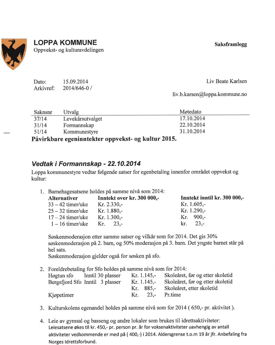 214 Loppa kommunestyre vedtar følgende satser for egenbetaling innenfor området oppvekst og kultur: 1. Barnehagesatsene holdes på samme nivå som 214: Alternativer Inntekt over kr.