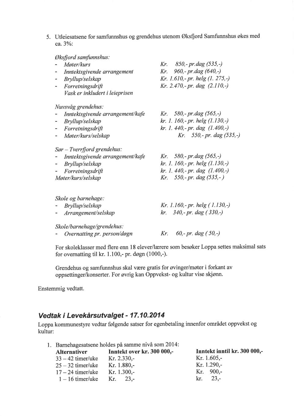 Bryllup/selskap - Fonetningsdrift - Møter/kurs/selskap Sør - Tverrfiord grendehus: - Inntektsgivende arrangement/kafe - Bryllup/selskap - Forcetningsdrft Møter/kurs/selskap Kr. 85,- pr.dag (535,) Kr.