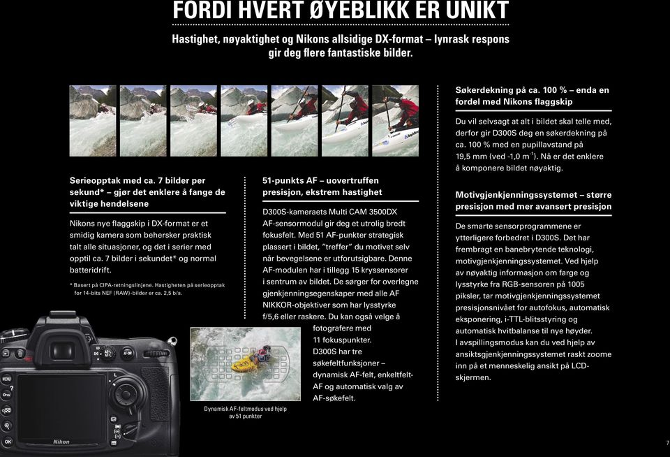 7 bilder per sekund* gjør det enklere å fange de viktige hendelsene Nikons nye flaggskip i DX-format er et smidig kamera som behersker praktisk talt alle situasjoner, og det i serier med opptil ca.