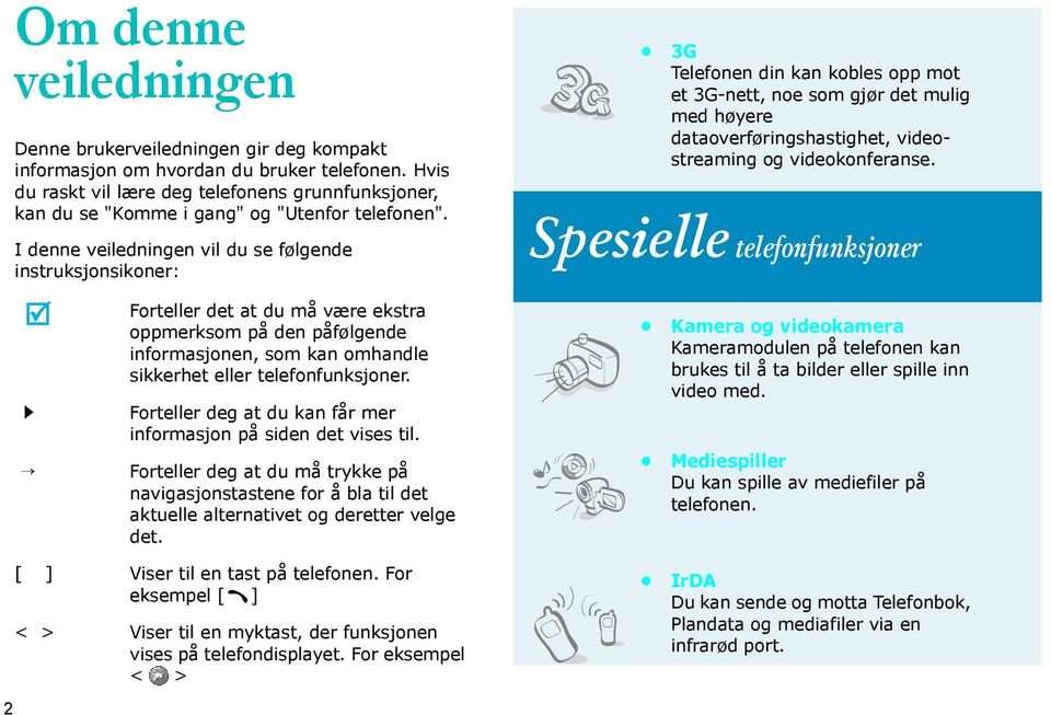 I denne veiledningen vil du se følgende instruksjonsikoner: 3G Telefonen din kan kobles opp mot et 3G-nett, noe som gjør det mulig med høyere dataoverføringshastighet, videostreaming og