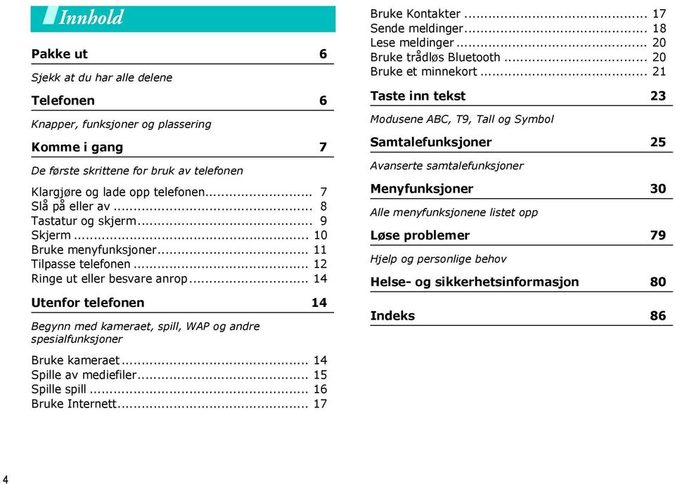 .. 14 Utenfor telefonen 14 Begynn med kameraet, spill, WAP og andre spesialfunksjoner Bruke kameraet... 14 Spille av mediefiler... 15 Spille spill... 16 Bruke Internett... 17 Bruke Kontakter.