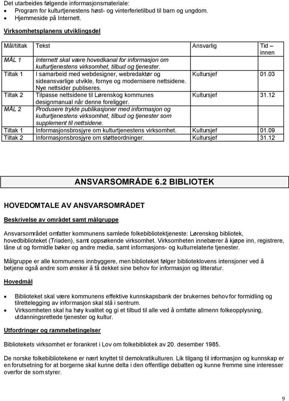 Tiltak 1 I samarbeid med webdesigner, webredaktør og Kultursjef 01.03 sideansvarlige utvikle, fornye og modernisere nettsidene. Nye nettsider publiseres.