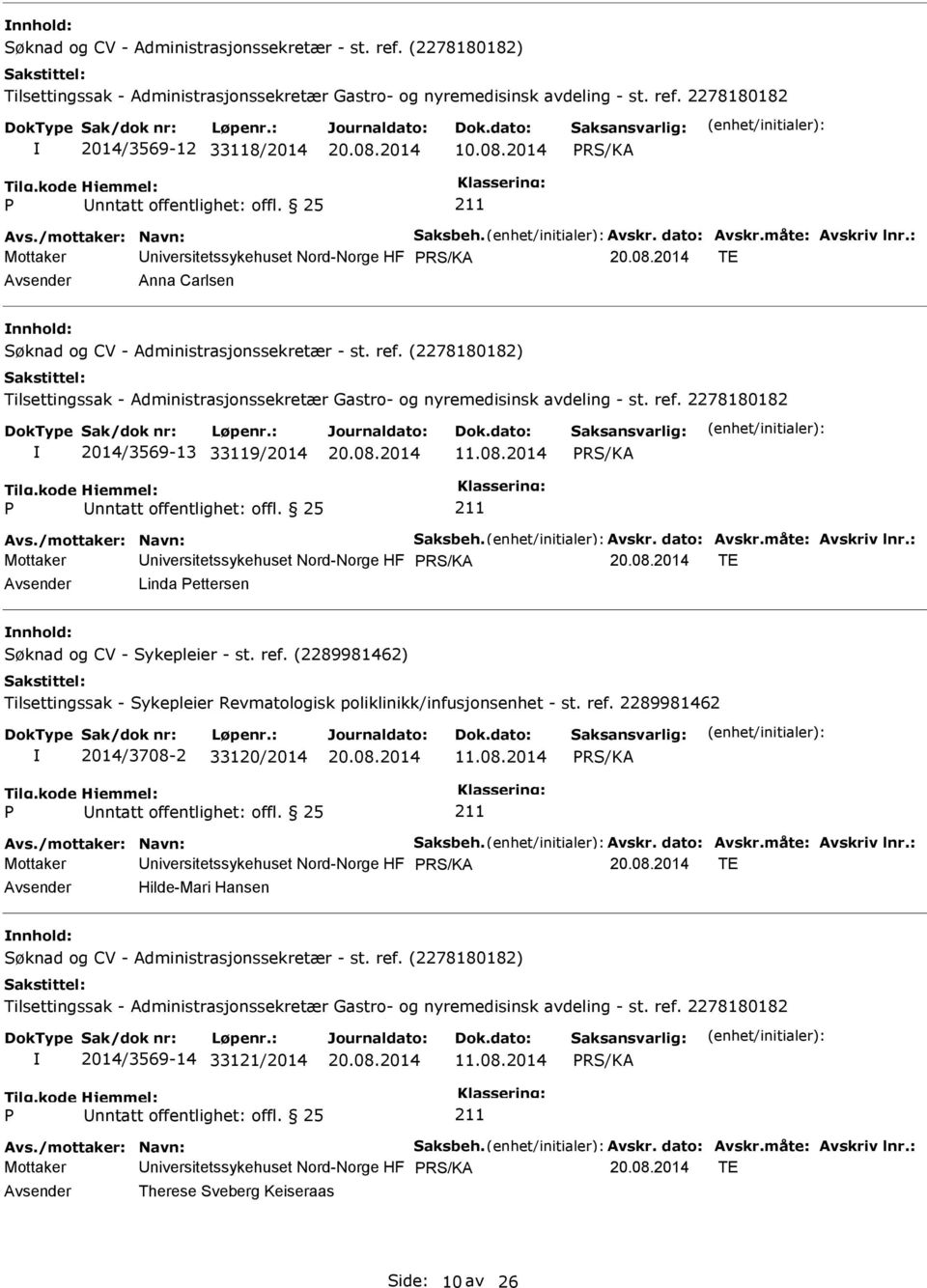 : Mottaker niversitetssykehuset Nord-Norge HF TE Linda ettersen nnhold: Søknad og CV - Sykepleier - st. ref. (2289981462) Tilsettingssak - Sykepleier Revmatologisk poliklinikk/infusjonsenhet - st.