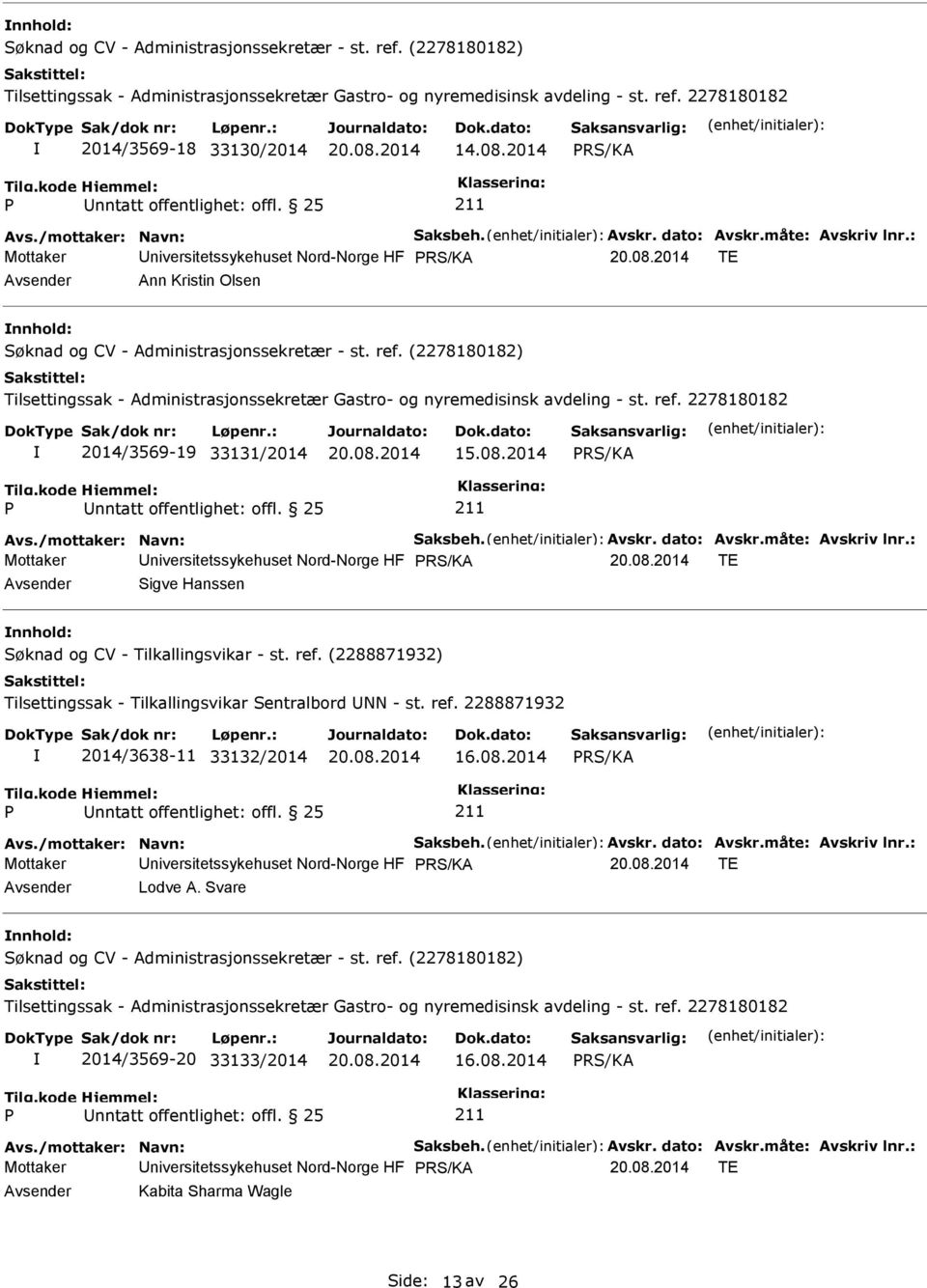 : Mottaker niversitetssykehuset Nord-Norge HF TE Sigve Hanssen nnhold: Søknad og CV - Tilkallingsvikar - st. ref. (2288871932) Tilsettingssak - Tilkallingsvikar Sentralbord NN - st. ref. 2288871932 2014/3638-11 33132/2014 16.