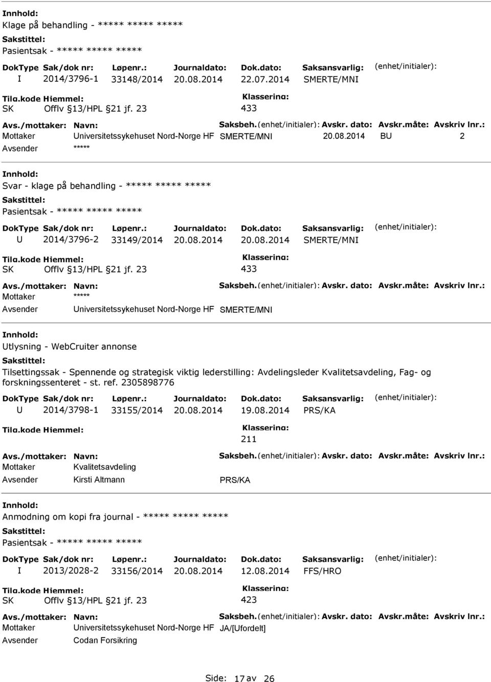 : Mottaker niversitetssykehuset Nord-Norge HF SMERTE/MN B 2 ***** nnhold: Svar - klage på behandling - ***** ***** ***** asientsak - ***** ***** ***** 2014/3796-2 33149/2014 SMERTE/MN Offlv 13/HL 21