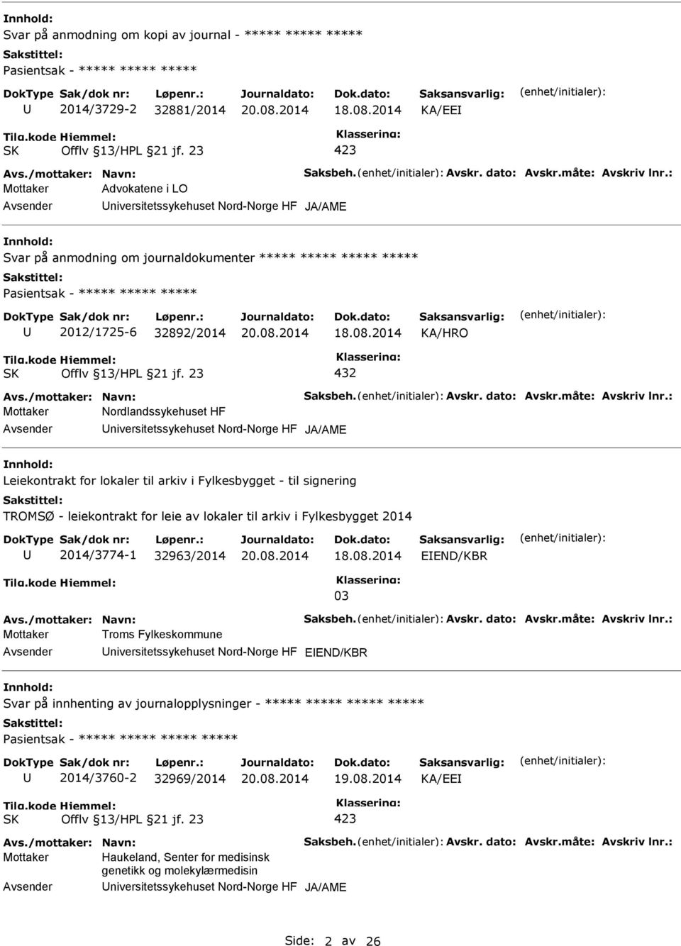 : Mottaker Advokatene i LO niversitetssykehuset Nord-Norge HF JA/AME nnhold: Svar på anmodning om journaldokumenter ***** ***** ***** ***** asientsak - ***** ***** ***** 2012/1725-6 32892/2014 18.08.