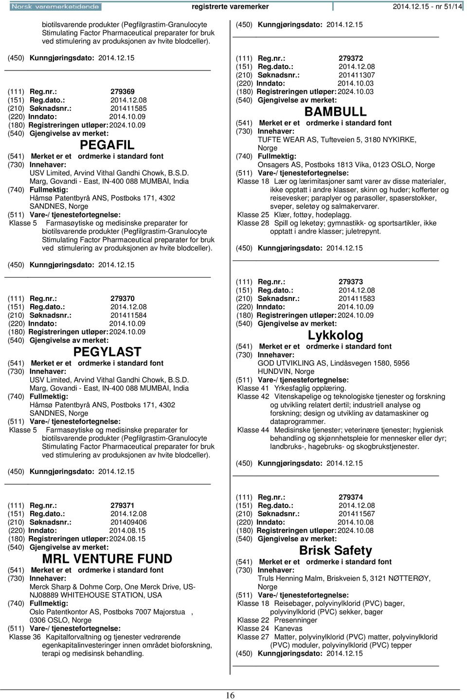 dato.: 2014.12.08 (210) Søknadsnr.: 201411585 (220) Inndato: 2014.10.09 (180) Registreringen 2024.10.09 PEGAFIL USV Limited, Arvind Vithal Gandhi Chowk, B.S.D.