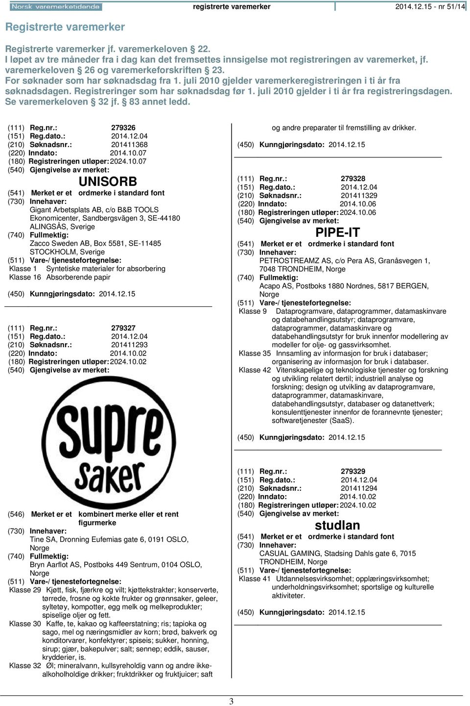 juli 2010 gjelder varemerkeregistreringen i ti år fra søknadsdagen. Registreringer som har søknadsdag før 1. juli 2010 gjelder i ti år fra registreringsdagen. Se varemerkeloven 32 jf. 83 annet ledd.