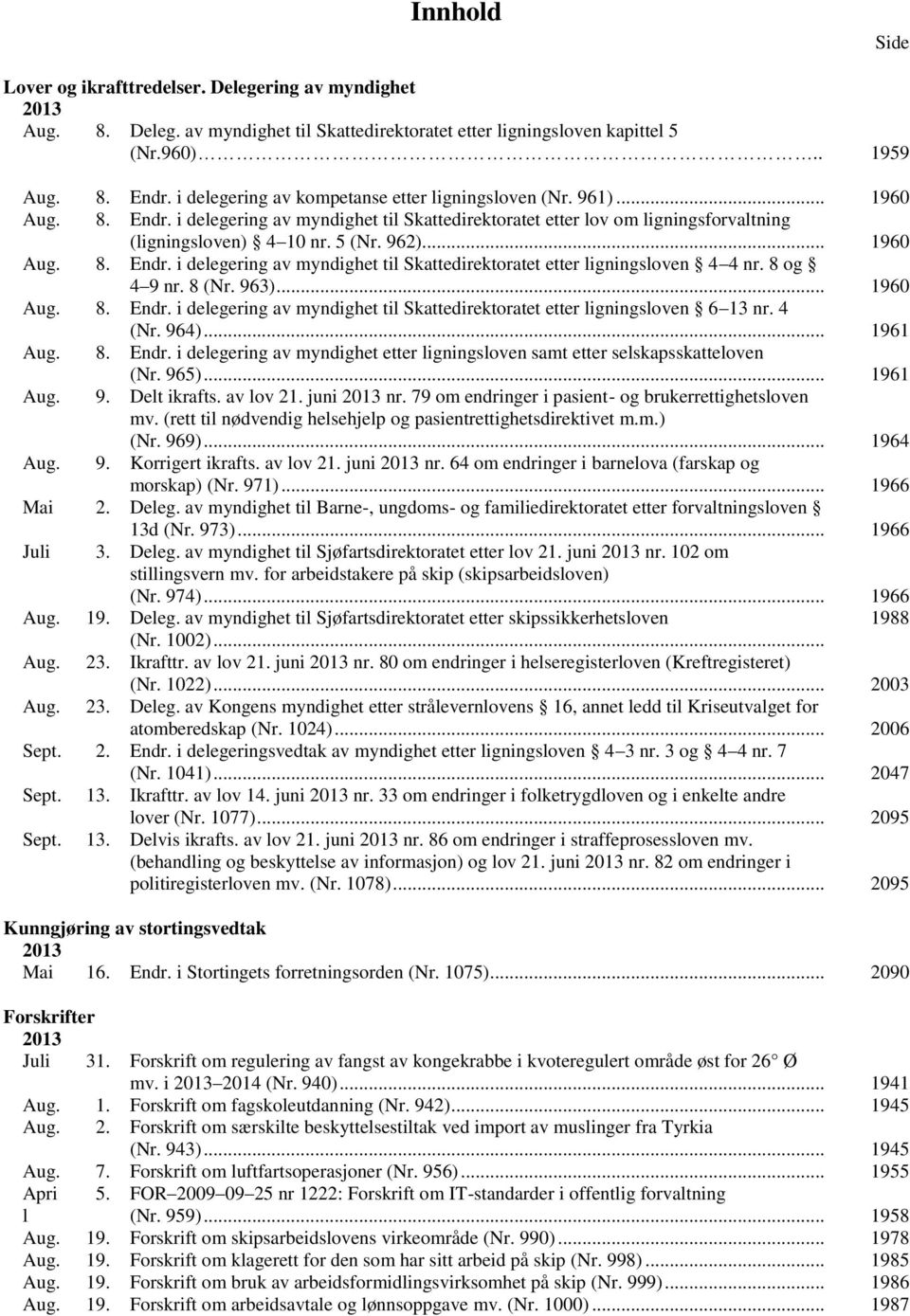 .. 1960 Aug. 8. Endr. i delegering av myndighet til Skattedirektoratet etter ligningsloven 4 4 nr. 8 og 4 9 nr. 8 (Nr. 963)... 1960 Aug. 8. Endr. i delegering av myndighet til Skattedirektoratet etter ligningsloven 6 13 nr.