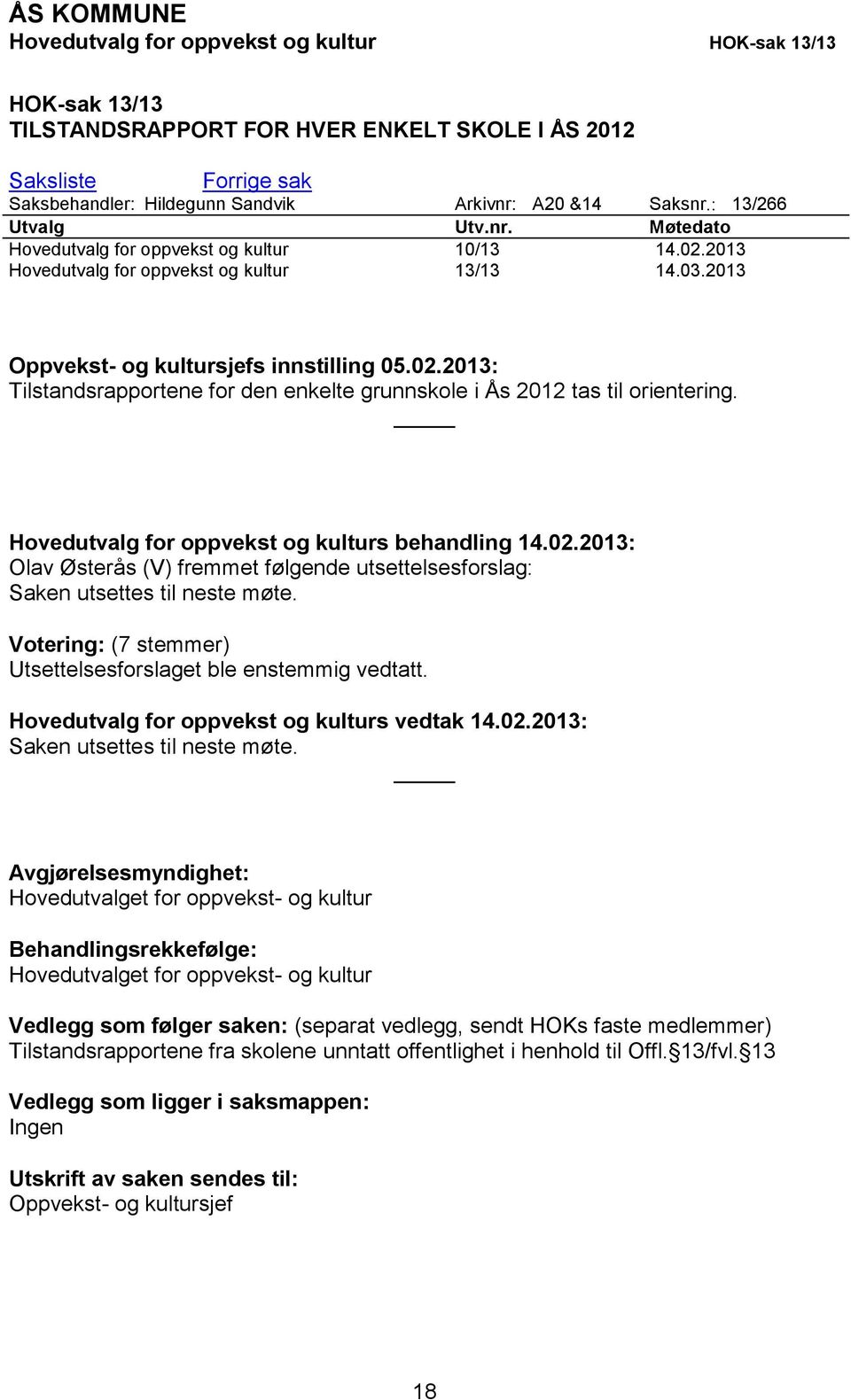 Hovedutvalg for oppvekst og kulturs behandling 14.02.2013: Olav Østerås (V) fremmet følgende utsettelsesforslag: Saken utsettes til neste møte.