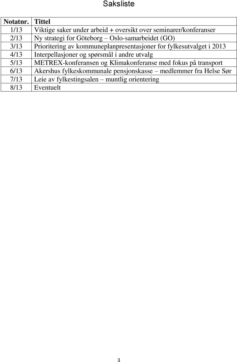 Oslo-samarbeidet (GO) 3/13 Prioritering av kommuneplanpresentasjoner for fylkesutvalget i 2013 4/13 Interpellasjoner