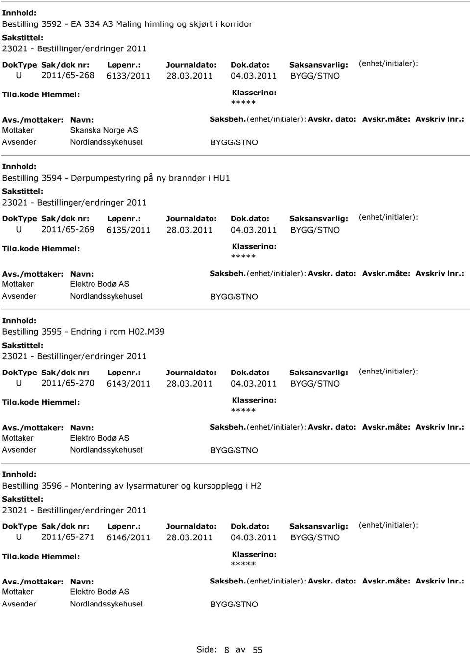 : Mottaker Elektro Bodø AS Bestilling 3595 - Endring i rom H02.M39 2011/65-270 6143/2011 04.03.2011 Avs./mottaker: Navn: Saksbeh. Avskr. dato: Avskr.måte: Avskriv lnr.