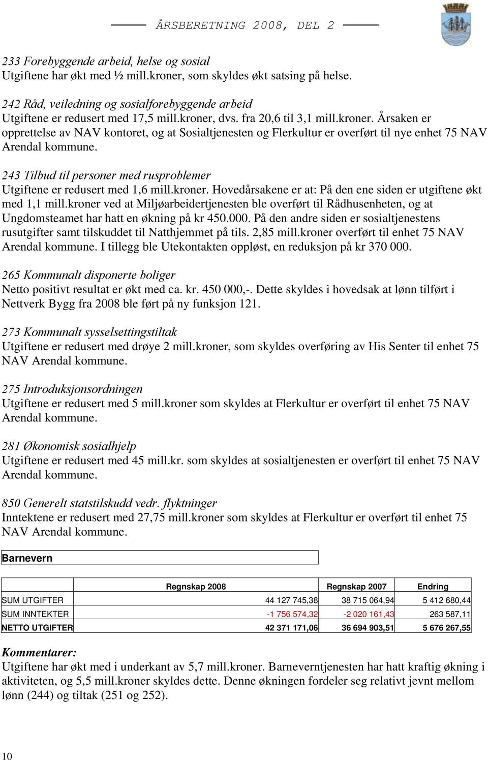 243 Tilbud til personer med rusproblemer Utgiftene er redusert med 1,6 mill.kroner. Hovedårsakene er at: På den ene siden er utgiftene økt med 1,1 mill.