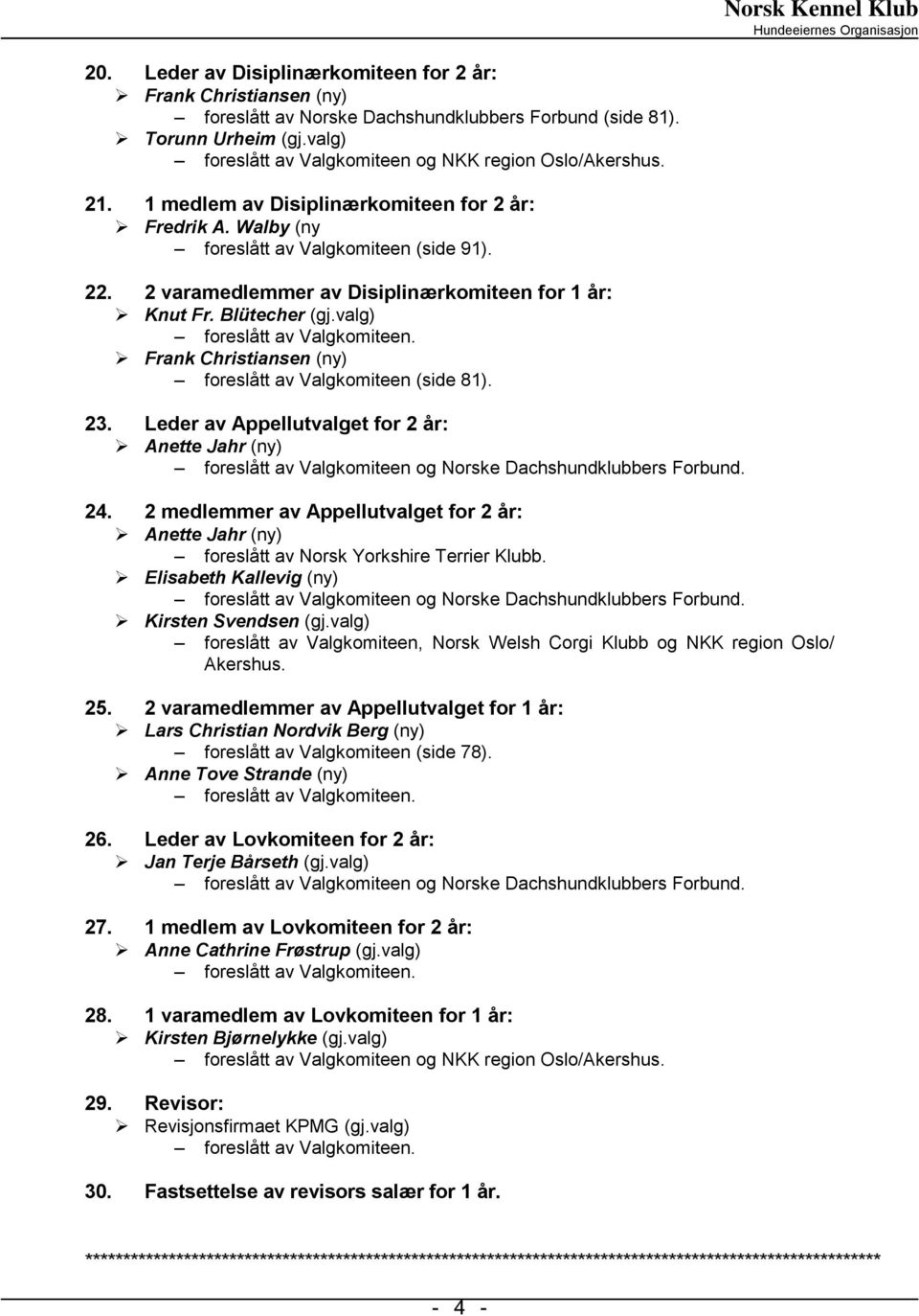 valg) foreslått av Valgkomiteen (side 81). 23. Leder av Appellutvalget for 2 år: Anette Jahr (ny) 24.