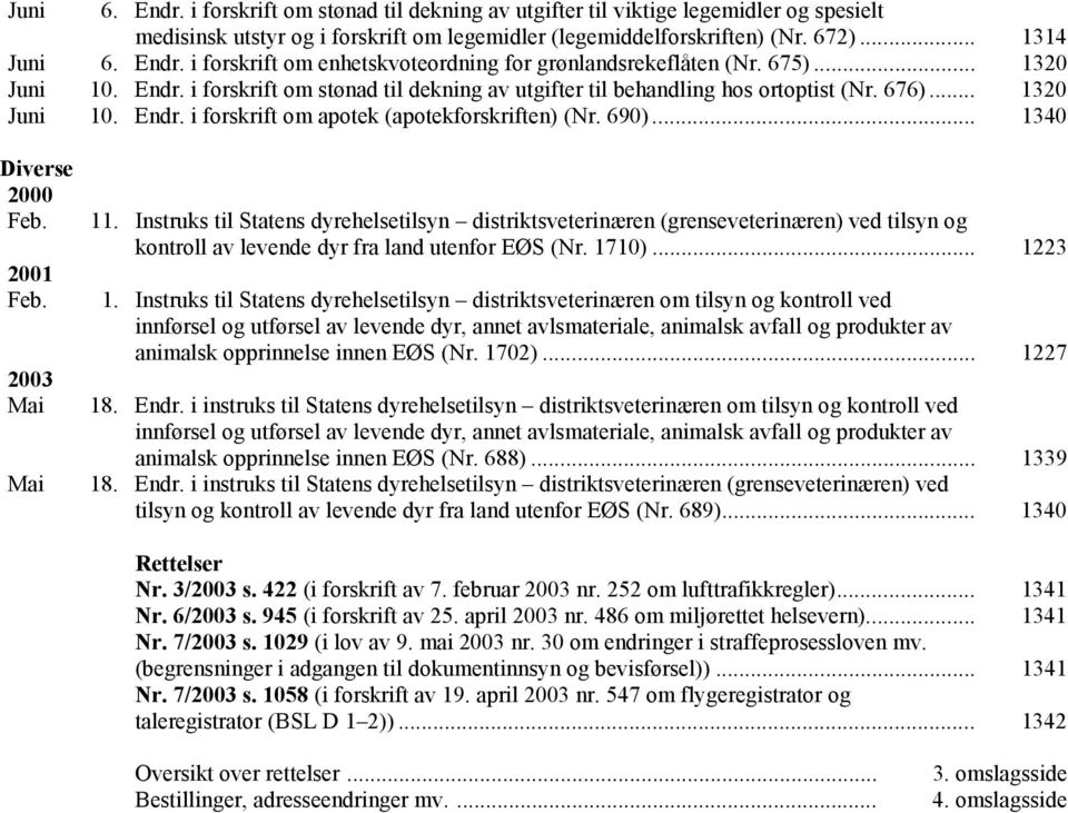 .. 1340 Diverse 2000 Feb. 2001 Feb. 2003 Mai Mai 11. Instruks til Statens dyrehelsetilsyn distriktsveterinæren (grenseveterinæren) ved tilsyn og kontroll av levende dyr fra land utenfor EØS (Nr.