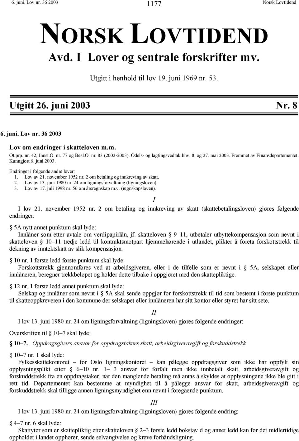 Endringer i følgende andre lover: 1. Lov av 21. november 1952 nr. 2 om betaling og innkreving av skatt. 2. Lov av 13. juni 1980 nr. 24 om ligningsforvaltning (ligningsloven). 3. Lov av 17.