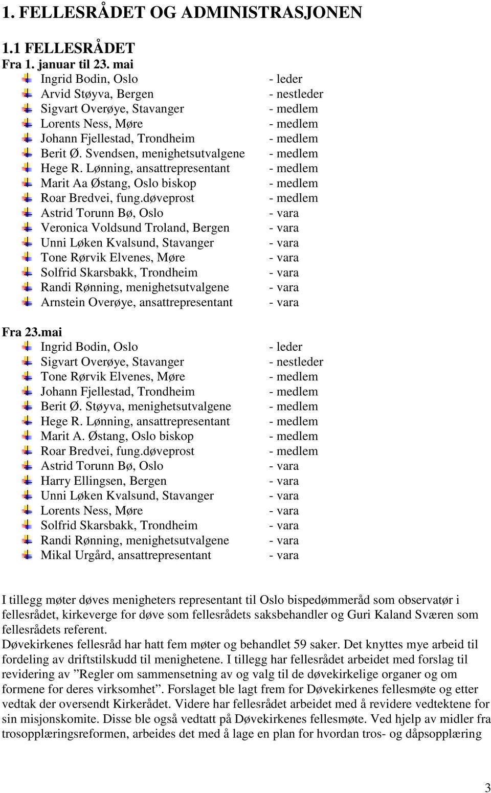 døveprost Astrid Torunn Bø, Oslo Veronica Voldsund Troland, Bergen Unni Løken Kvalsund, Stavanger Tone Rørvik Elvenes, Møre Solfrid Skarsbakk, Trondheim Randi Rønning, menighetsutvalgene Arnstein