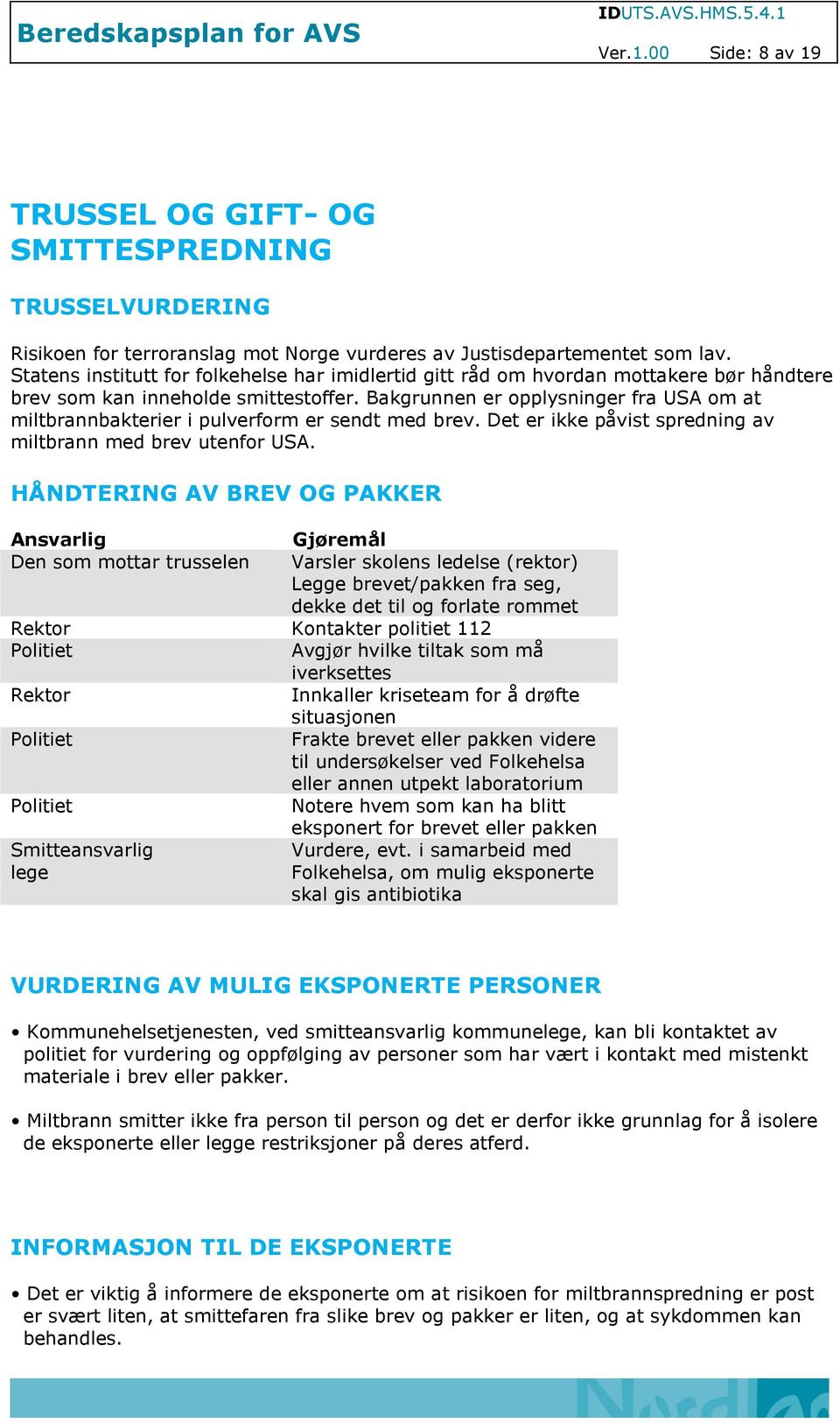 Bakgrunnen er opplysninger fra USA om at miltbrannbakterier i pulverform er sendt med brev. Det er ikke påvist spredning av miltbrann med brev utenfor USA.