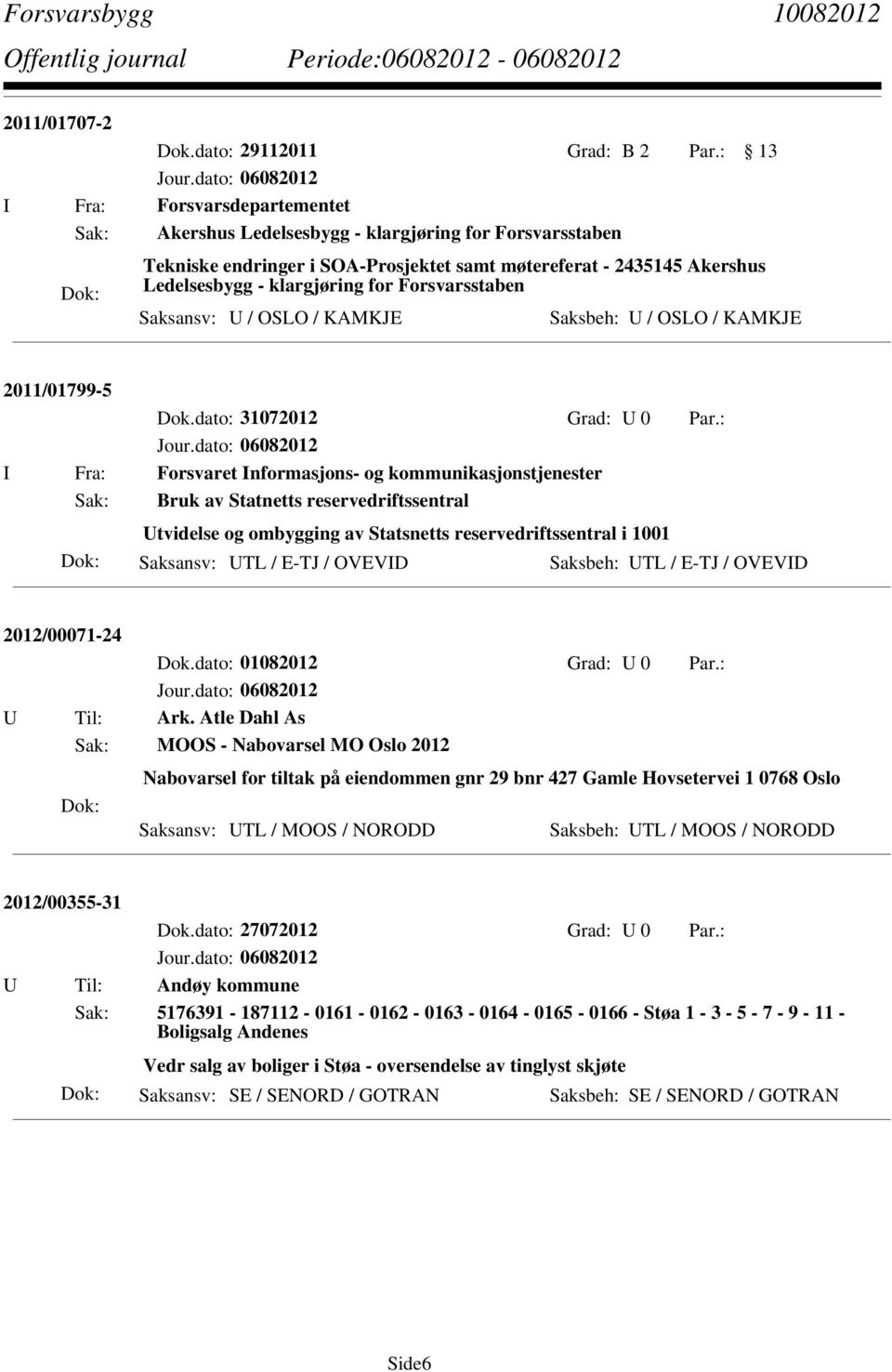 Forsvarsstaben Saksansv: U / OSLO / KAMKJE Saksbeh: U / OSLO / KAMKJE 2011/01799-5 Dok.dato: 31072012 Grad: U 0 Par.