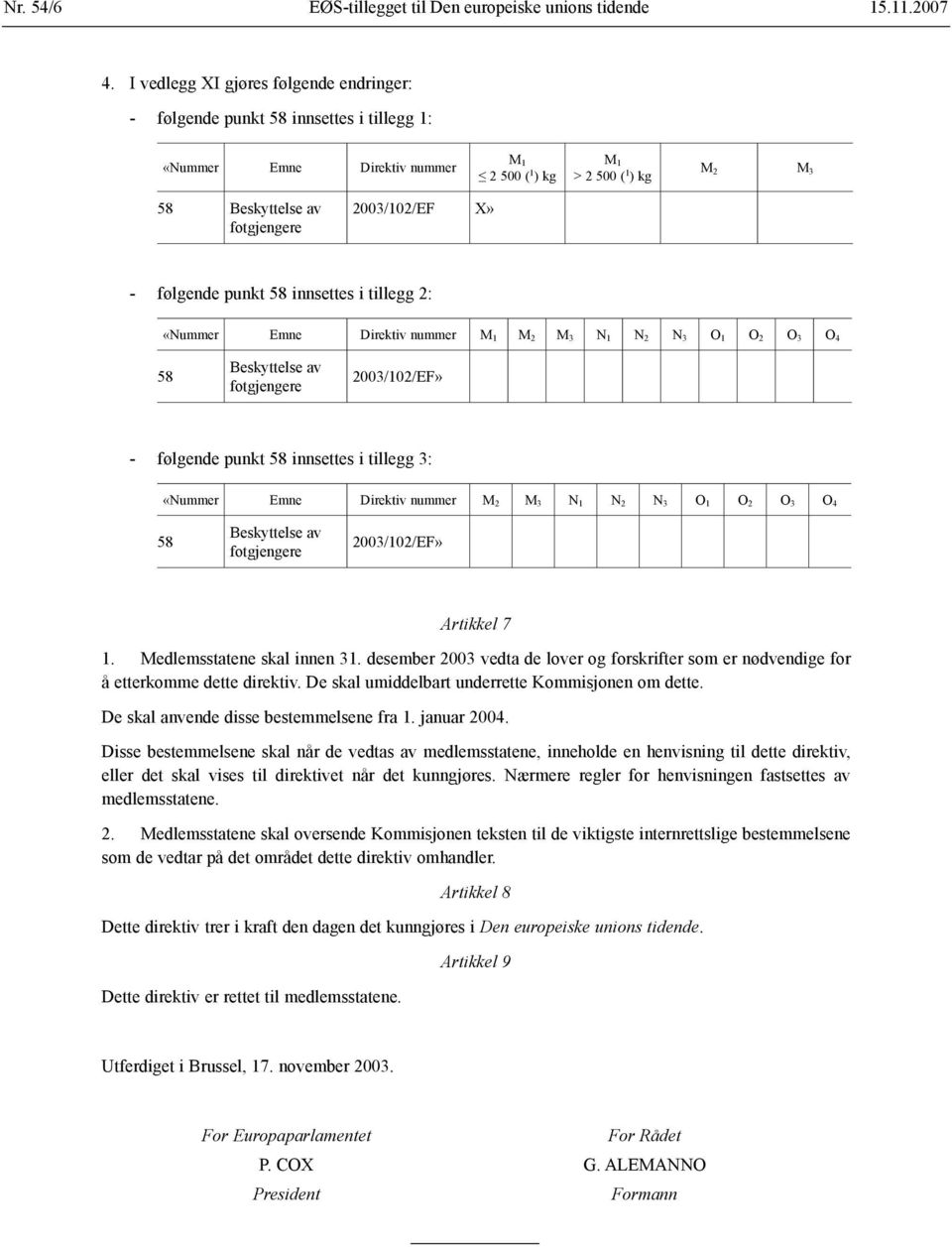 2003/102/EF X» - følgende punkt 58 innsettes i tillegg 2: «Nummer Emne Direktiv nummer M 1 M 2 M 3 N 1 N 2 N 3 O 1 O 2 O 3 O 4 58 Beskyttelse av fotgjengere 2003/102/EF» - følgende punkt 58 innsettes