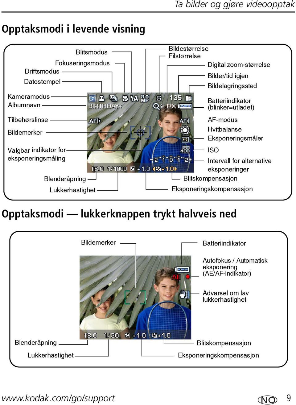 AF-modus Hvitbalanse Eksponeringsmåler ISO Intervall for alternative eksponeringer Blitskompensasjon Eksponeringskompensasjon Opptaksmodi lukkerknappen trykt halvveis ned Bildemerker