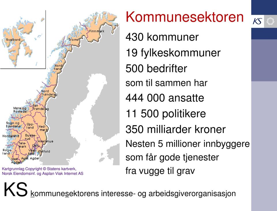 har 444 000 ansatte 11 500 politikere 350 milliarder kroner Nesten 5 millioner