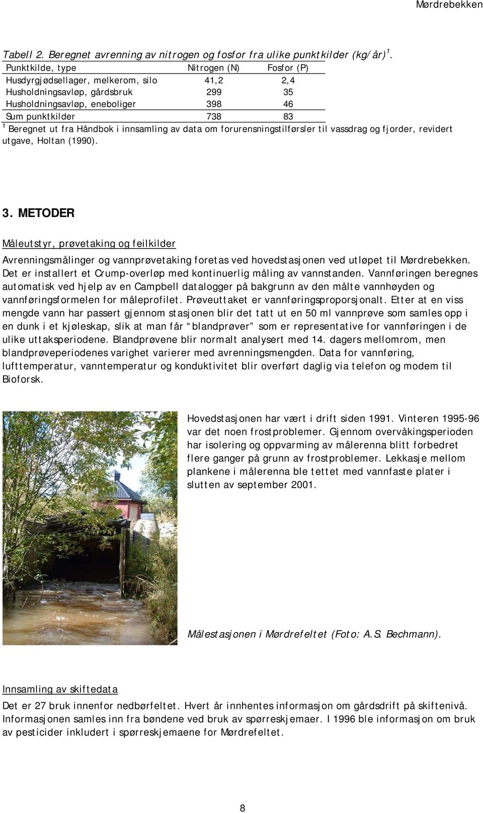 (1990) 3 METODER Måleutstyr, prøvetaking og feilkilder Avrenningsmålinger og vannprøvetaking foretas ved hovedstasjonen ved utløpet til Mørdrebekken Det er installert et Crump-overløp med