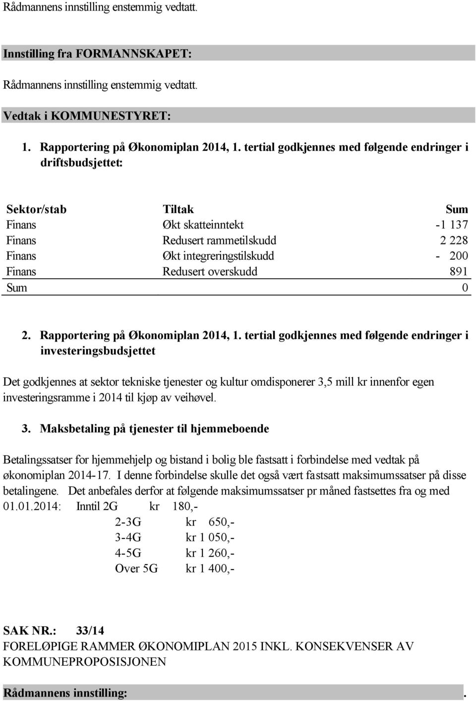 Redusert overskudd 891 Sum 0 2. Rapportering på Økonomiplan 2014, 1.