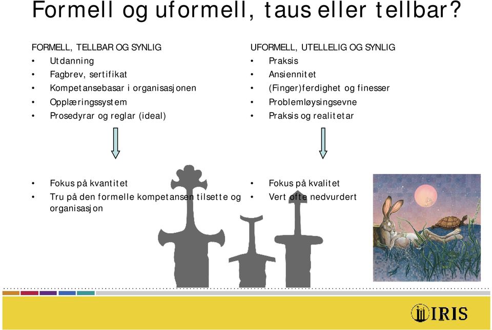 Opplæringssystem Prosedyrar og reglar (ideal) UFORMELL, UTELLELIG OG SYNLIG Praksis Ansiennitet