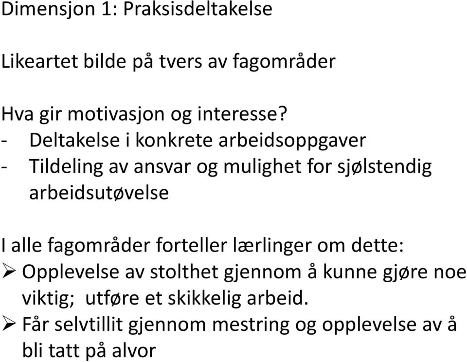 arbeidsutøvelse I alle fagområder forteller lærlinger om dette: Opplevelse av stolthet gjennom å kunne