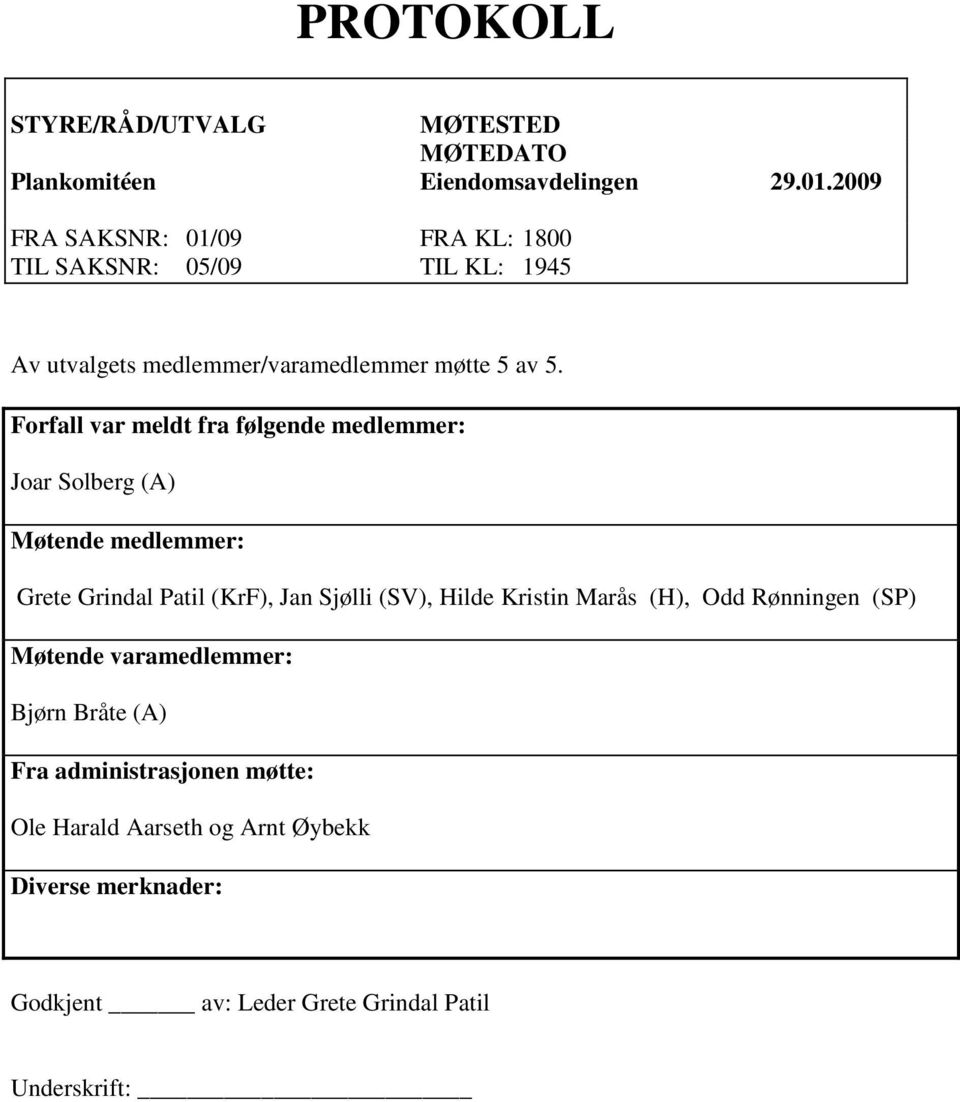 Forfall var meldt fra følgende medlemmer: Joar Solberg (A) Møtende medlemmer: Grete Grindal Patil (KrF), Jan Sjølli (SV), Hilde