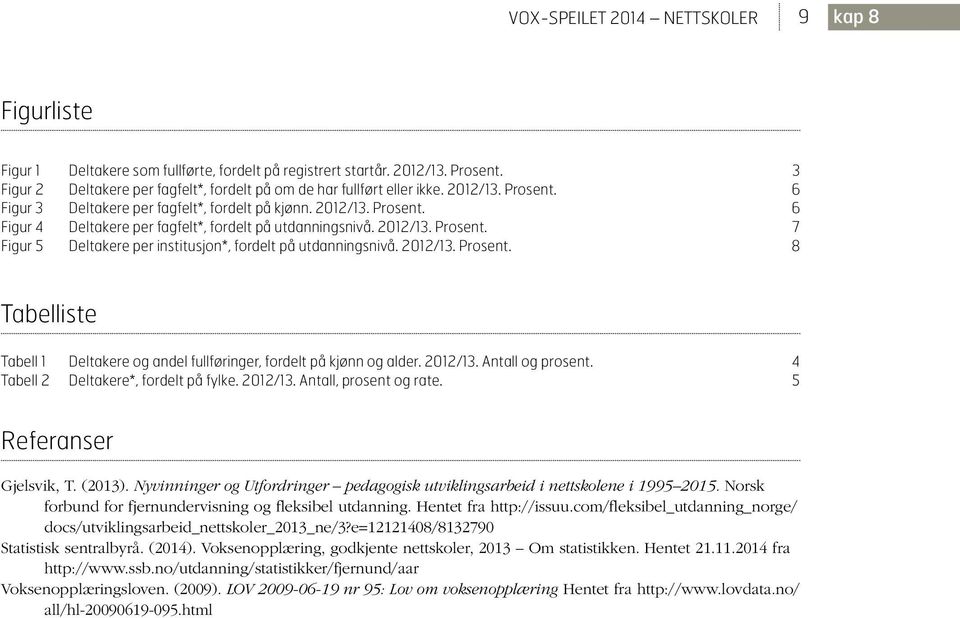 2012/13. Prosent. 7 Figur Deltakere per institusjon*, fordelt på utdanningsnivå. 2012/13. Prosent. 8 Tabelliste Tabell 1 Deltakere og andel fullføringer, fordelt på kjønn og alder. 2012/13. Antall og prosent.