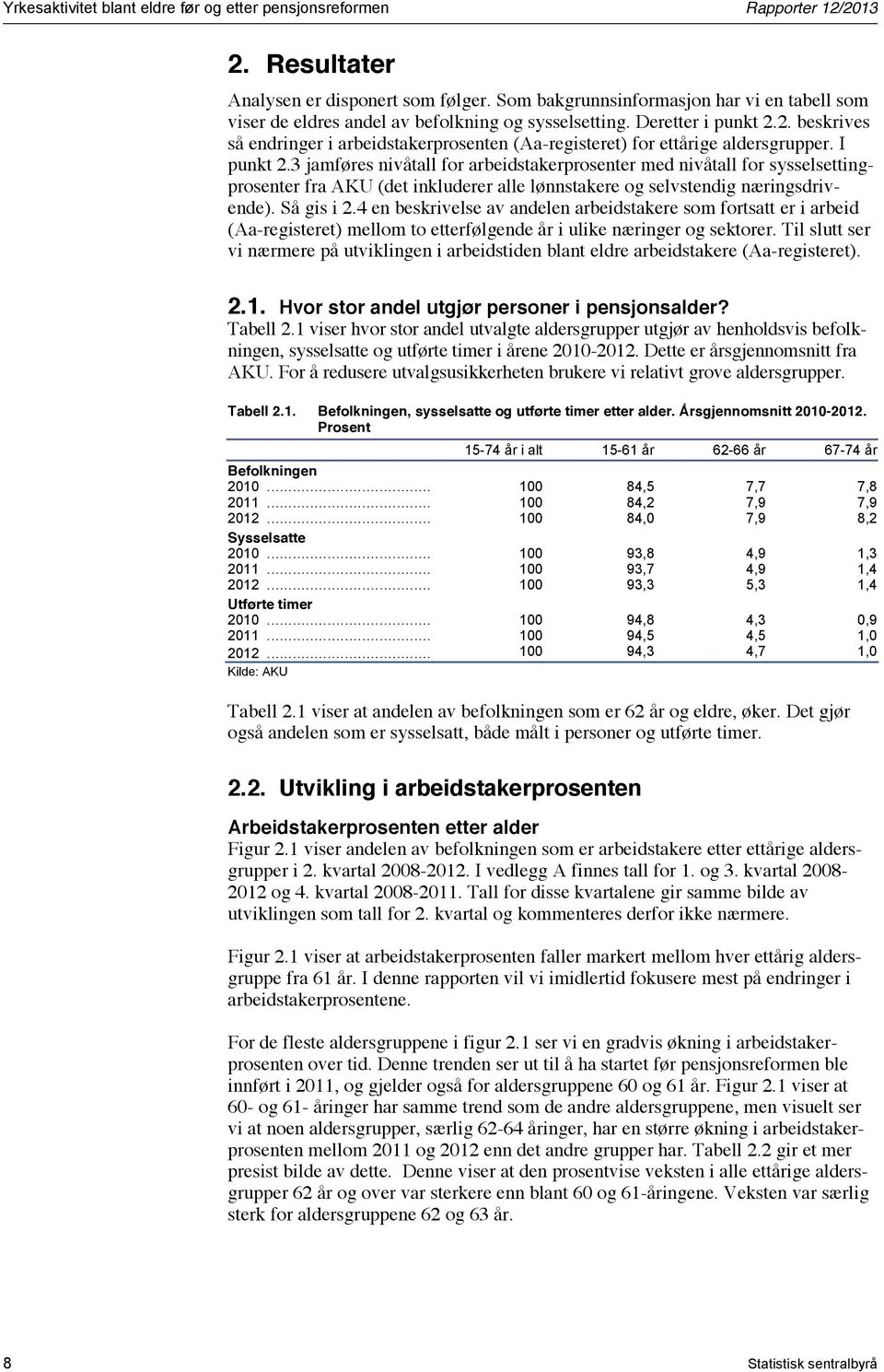 2. beskrives så endringer i arbeidstakerprosenten (Aa-registeret) for ettårige aldersgrupper. I punkt 2.