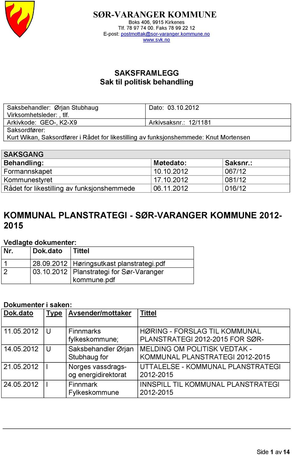 : 12/1181 Saksordfører: Kurt Wikan, Saksordfører i Rådet for likestilling av funksjonshemmede: Knut Mortensen SAKSGANG Behandling: Formannskapet Kommunestyret Rådet for likestilling av