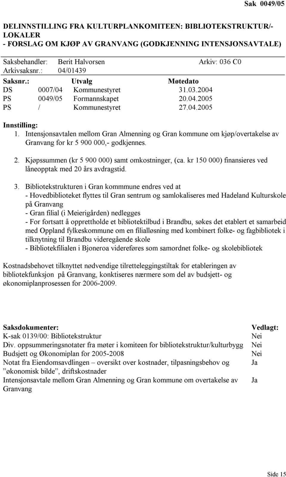 Intensjonsavtalen mellom Gran Almenning og Gran kommune om kjøp/overtakelse av Granvang for kr 5 900 000,- godkjennes. 2. Kjøpssummen (kr 5 900 000) samt omkostninger, (ca.