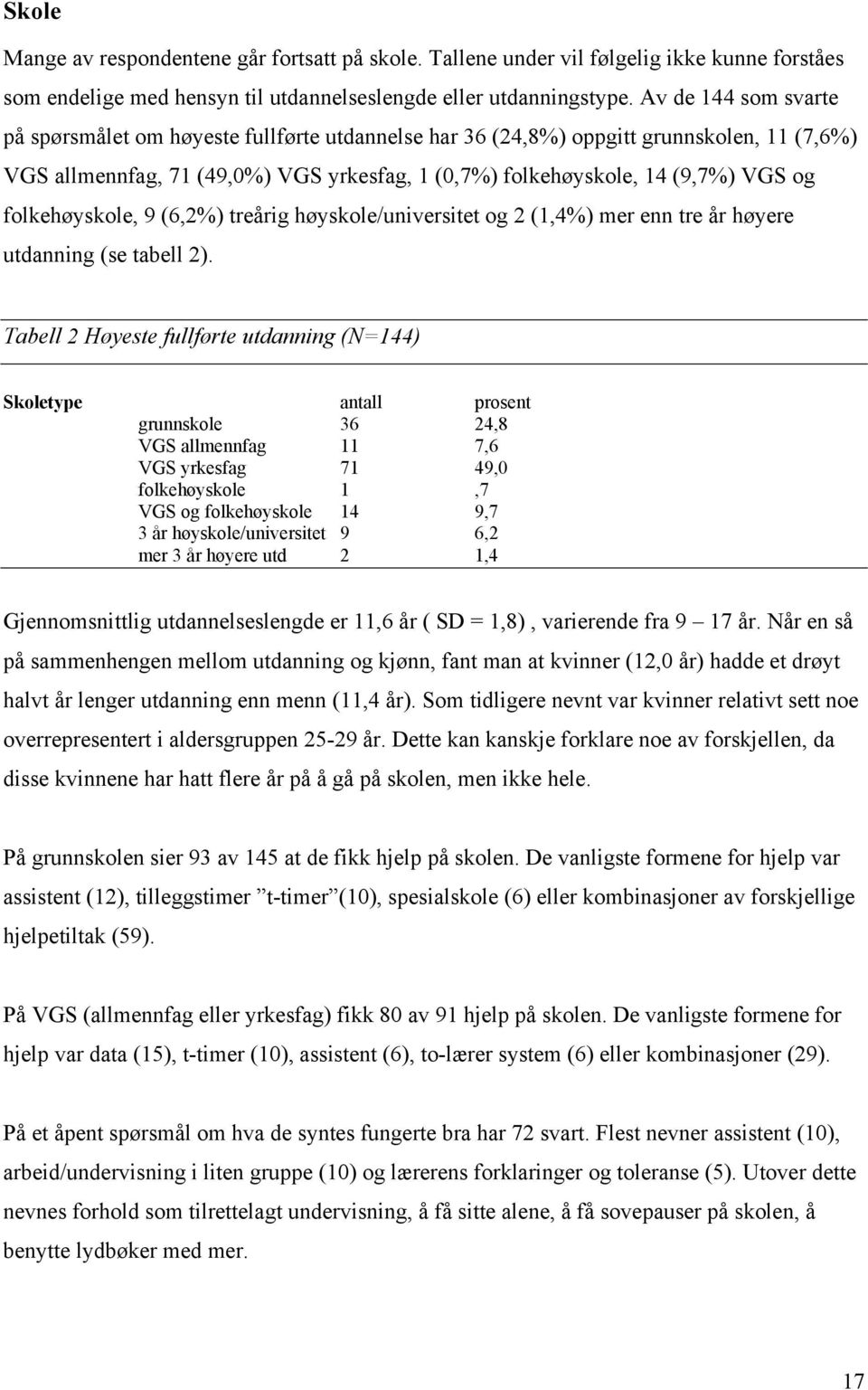 folkehøyskole, 9 (6,2%) treårig høyskole/universitet og 2 (1,4%) mer enn tre år høyere utdanning (se tabell 2).