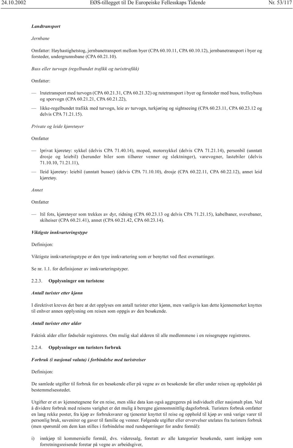 21.21, CPA 60.21.22), likke-regelbundet trafikk med turvogn, leie av turvogn, turkjøring og sightseeing (CPA 60.23.11, CPA 60.23.12 og delvis CPA 71.21.15).