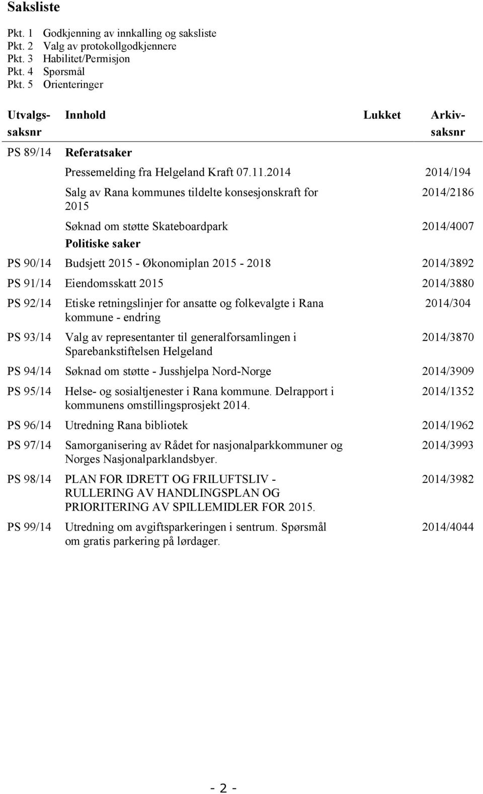 14 14/194 Salg av Rana kommunes tildelte konsesjonskraft for 15 Søknad om støtte Skateboardpark Politiske saker 14/186 14/47 PS 9/14 Budsjett 15 - Økonomiplan 15-18 14/389 PS 91/14 Eiendomsskatt 15