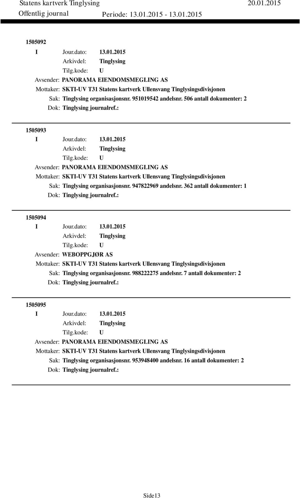 362 antall dokumenter: 1 Dok: journalref.: 1505094 Avsender: WEBOPPGJØR AS Mottaker: SKTI-V T31 Statens kartverk llensvang sdivisjonen Sak: organisasjonsnr. 988222275 andelsnr.