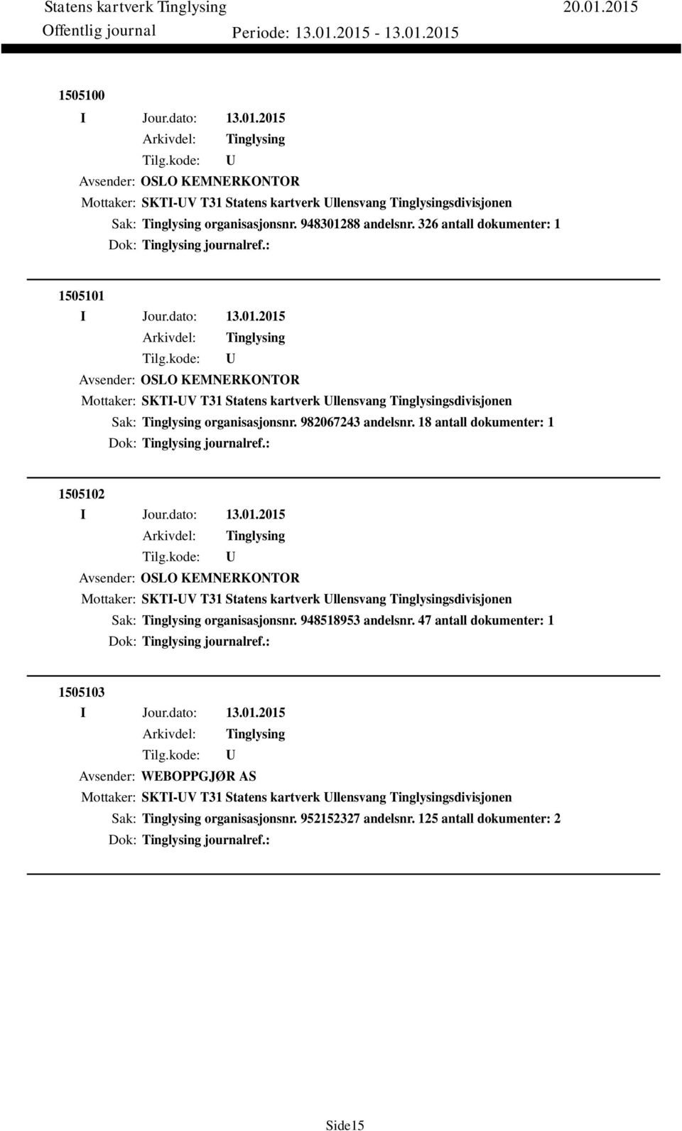 18 antall dokumenter: 1 Dok: journalref.: 1505102 Avsender: OSLO KEMNERKONTOR Mottaker: SKTI-V T31 Statens kartverk llensvang sdivisjonen Sak: organisasjonsnr. 948518953 andelsnr.