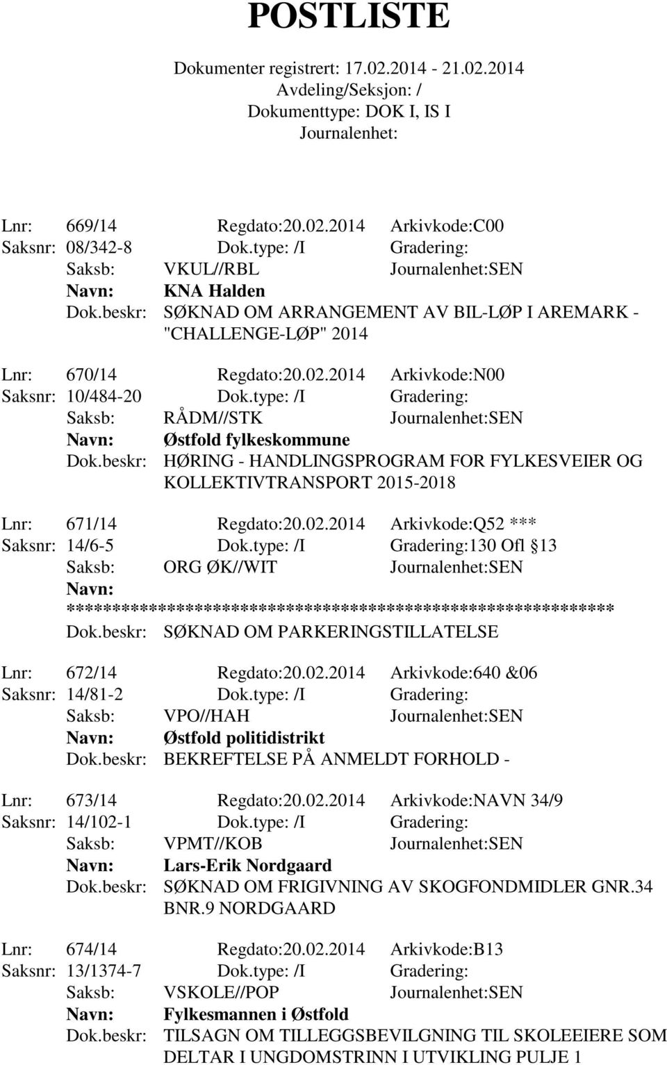 type: /I Gradering: Saksb: RÅDM//STK SEN Østfold fylkeskommune Dok.beskr: HØRING - HANDLINGSPROGRAM FOR FYLKESVEIER OG KOLLEKTIVTRANSPORT 2015-2018 Lnr: 671/14 Regdato:20.02.