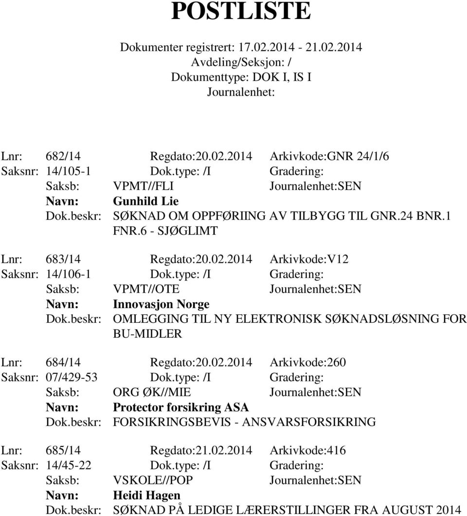 type: /I Gradering: Saksb: VPMT//OTE SEN Innovasjon Norge Dok.beskr: OMLEGGING TIL NY ELEKTRONISK SØKNADSLØSNING FOR BU-MIDLER Lnr: 684/14 Regdato:20.02.