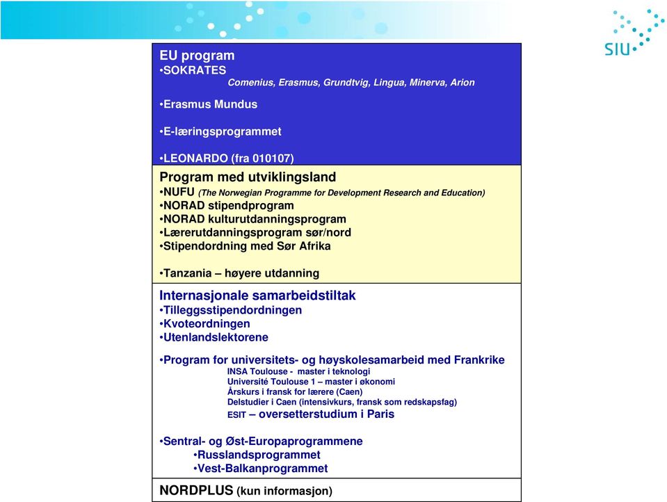 samarbeidstiltak Tilleggsstipendordningen Kvoteordningen Utenlandslektorene Program for universitets- og høyskolesamarbeid med Frankrike INSA Toulouse - master i teknologi Université Toulouse 1