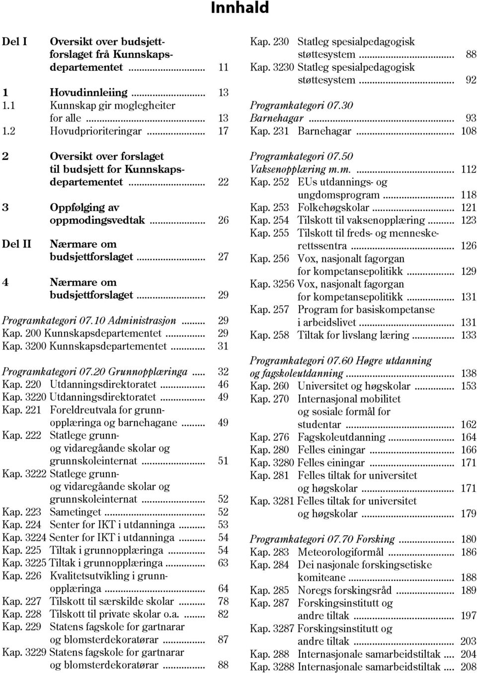 .. 31 Programkategori 07.20 Grunnopplæringa... 32 Kap. 220 Utdanningsdirektoratet... 46 Kap. 3220 Utdanningsdirektoratet... 49 Kap. 221 Foreldreutvala for grunnopplæringa og barnehagane... 49 Kap. 222 Statlege grunnog vidaregåande skolar og grunnskoleinternat.