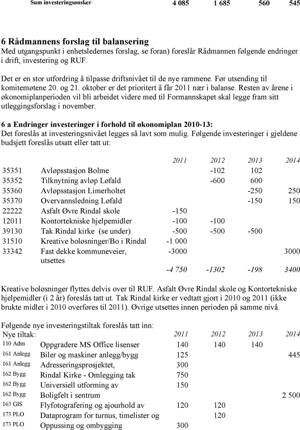 Resten av årene i økonomiplanperioden vil bli arbeidet videre med til Formannskapet skal legge fram sitt utleggingsforslag i november.