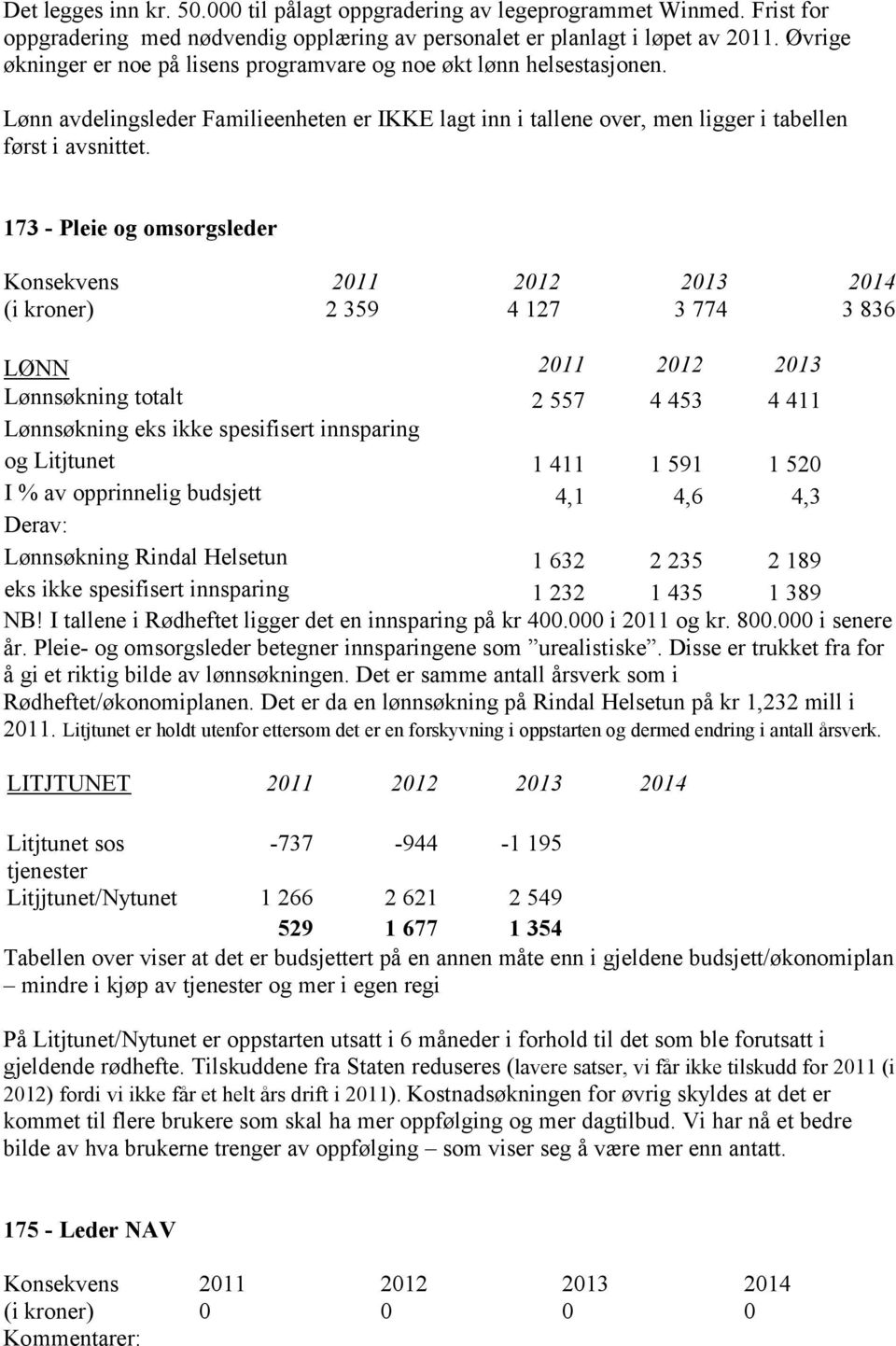 173 - Pleie og omsorgsleder Konsekvens (i kroner) 2 359 4 127 3 774 3 836 LØNN 2011 2012 2013 Lønnsøkning totalt 2 557 4 453 4 411 Lønnsøkning eks ikke spesifisert innsparing og Litjtunet 1 411 1 591